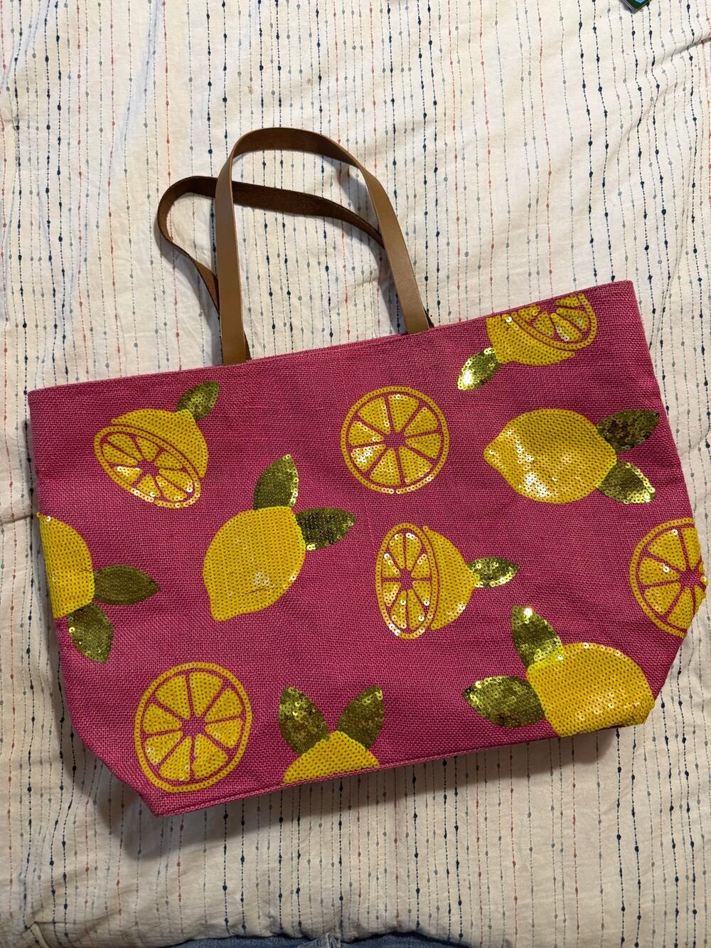 NWOT Mud Pie Sequin Lemon Water Resistant Pink Tote Beach Bag Purse Fruit Woven